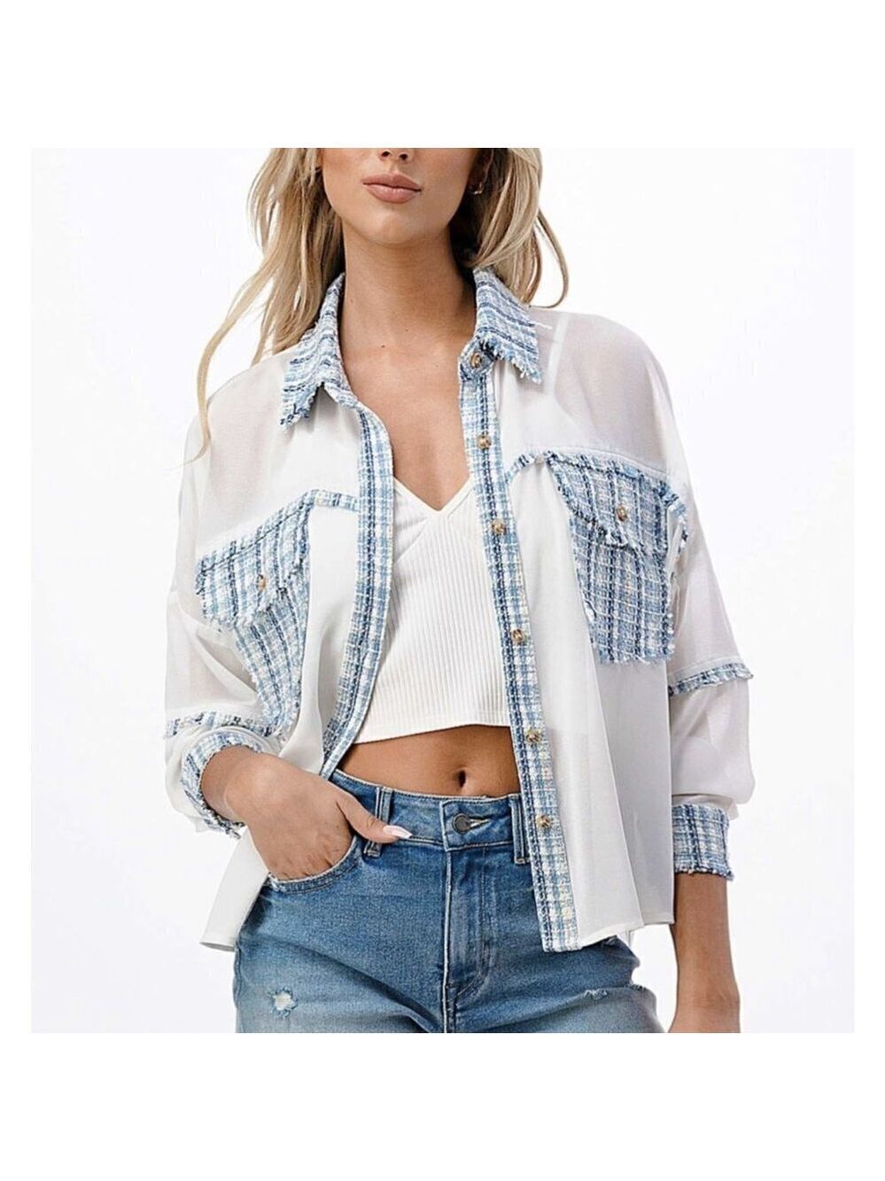 Dance & Marvel Sheer White Button Down Woven Shirt Size Large NWT